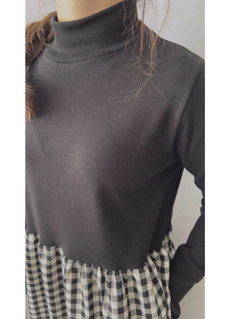 Check One Piece 假兩件高領口袋左右開叉格子裙, Dress/ DS9161
