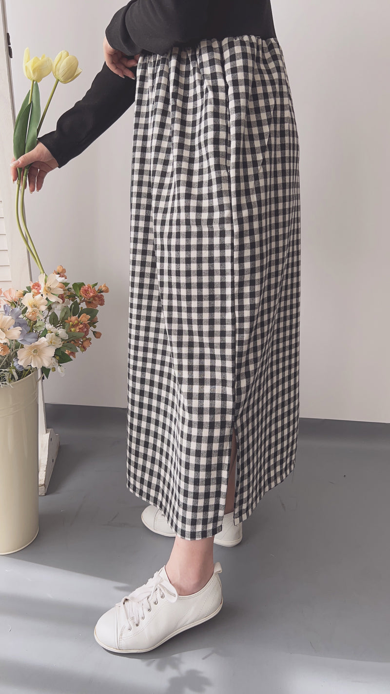 Check One Piece 假兩件高領口袋左右開叉格子裙, Dress/ DS9161