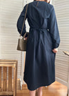Navy 深藍腰間皺褶後修腰傘裙, Dress/ DS9165