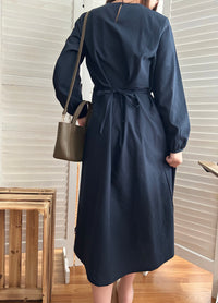 Navy 深藍腰間皺褶後修腰傘裙, Dress/ DS9165