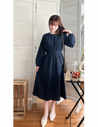 Navy 深藍腰間皺褶後修腰傘裙, Dress/ DS9165