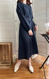 Navy 深藍腰間皺褶後修腰傘裙, Dress/ DS9165