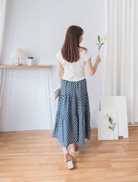 [限量現貨回歸] Cotton Flower 牛仔色橡筋腰花紋三層傘裙, Skirt/ SK8617