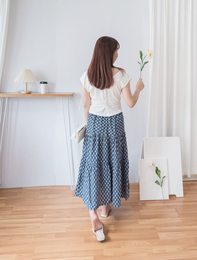[限量現貨回歸] Cotton Flower 牛仔色橡筋腰花紋三層傘裙, Skirt/ SK8617