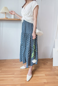 [限量現貨回歸] Cotton Flower 牛仔色橡筋腰花紋三層傘裙, Skirt/ SK8617