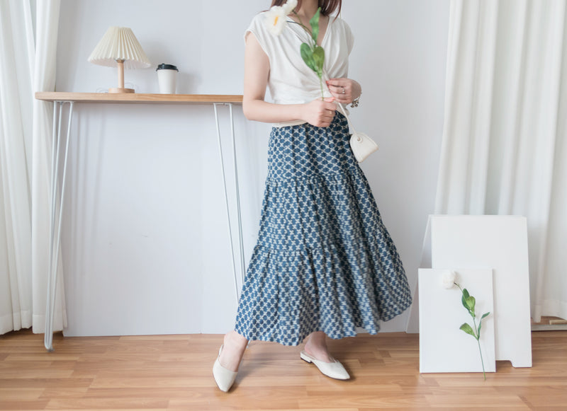 [限量現貨回歸] Cotton Flower 牛仔色橡筋腰花紋三層傘裙, Skirt/ SK8617
