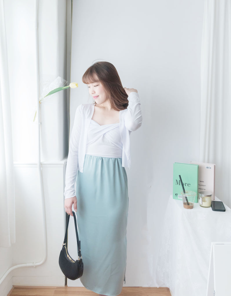 Simple Elegant 光澤湖水藍側開叉修身長裙, Skirt/ SK8631