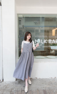 Check 飄逸格子假修腰口袋吊帶裙, Dress/ DS9102