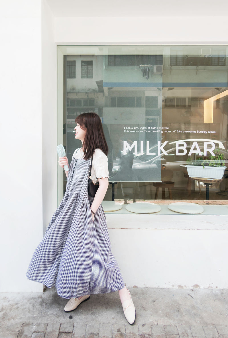 Check 飄逸格子假修腰口袋吊帶裙, Dress/ DS9102