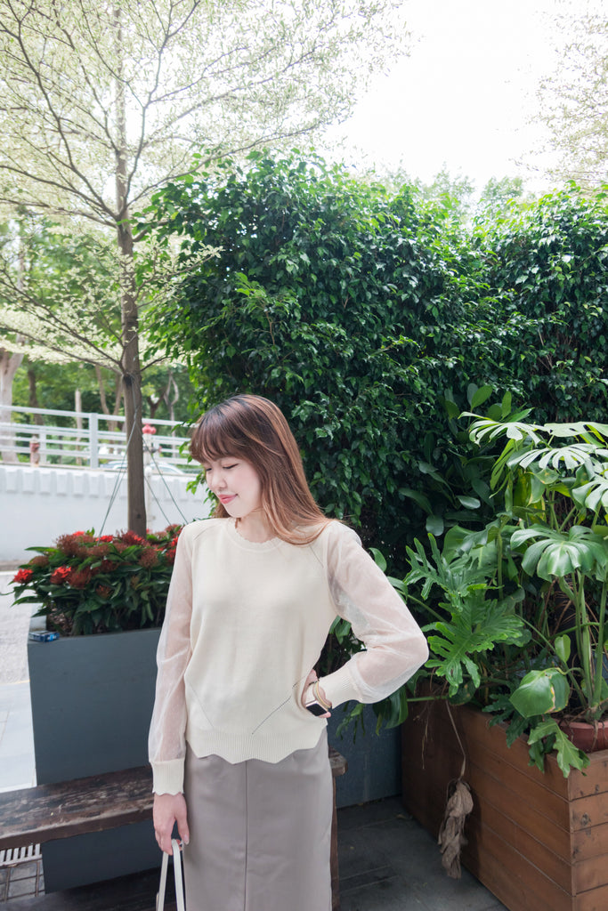 Lace Sleeve 杏色點點雙層手袖花花衣邊, Knit Top/ TP8800