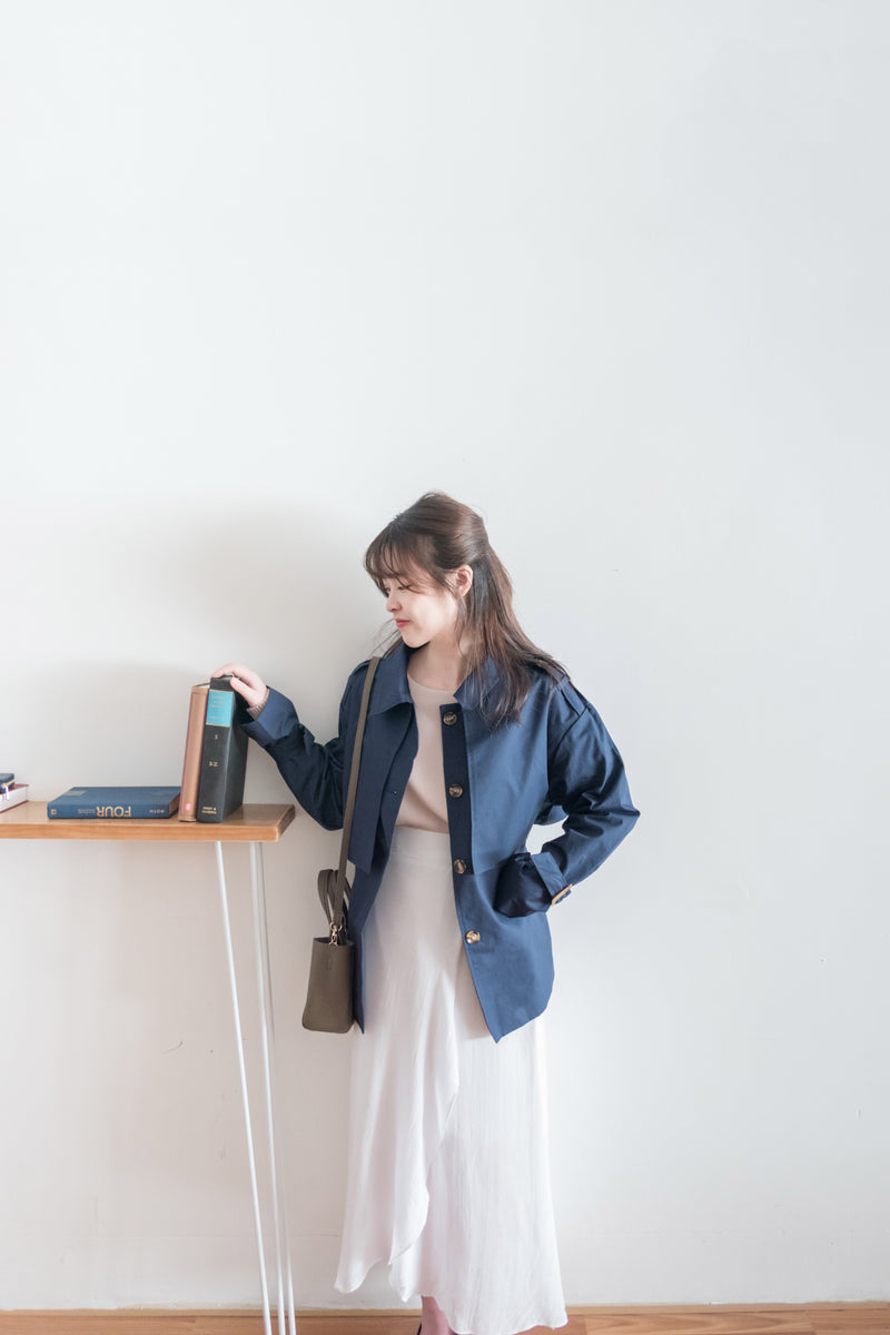 Navy 深藍單排鈕中短款風衣, Jacket/ JK8094