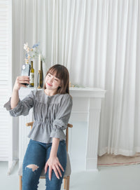 Secret Check 皺條紋暗格橡筋修腰, Blouse/ BU8872 (black sold out)