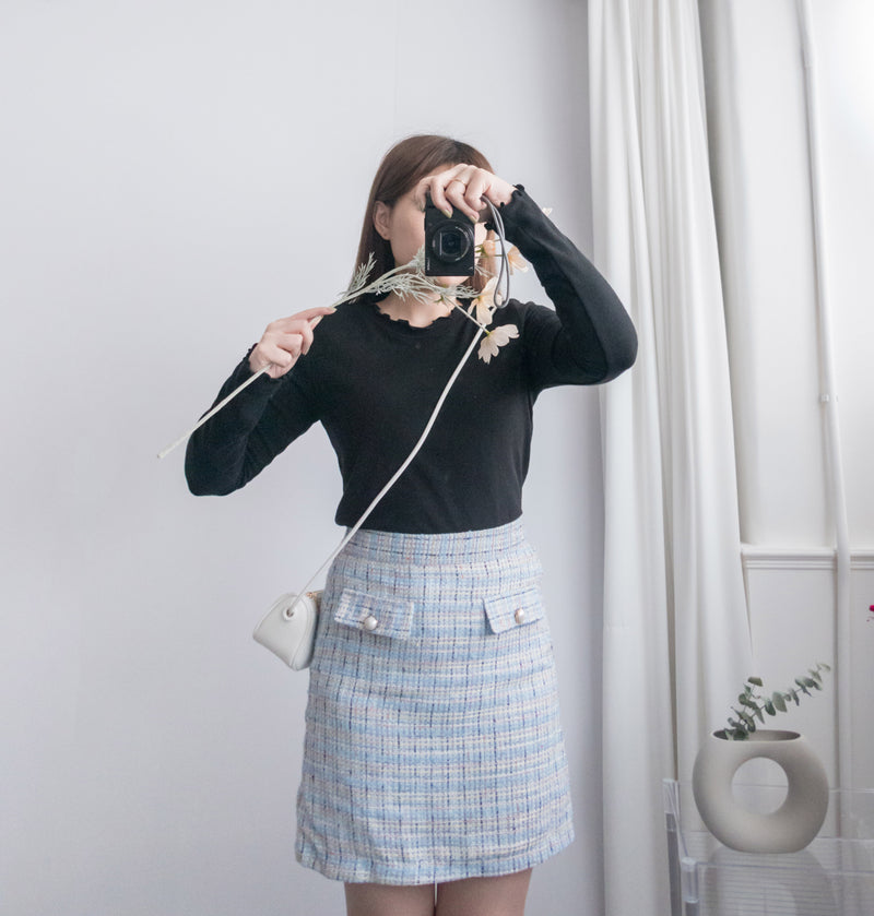 Tweed 裝飾珍珠口袋織紋十字線, Skirt/ SK8652