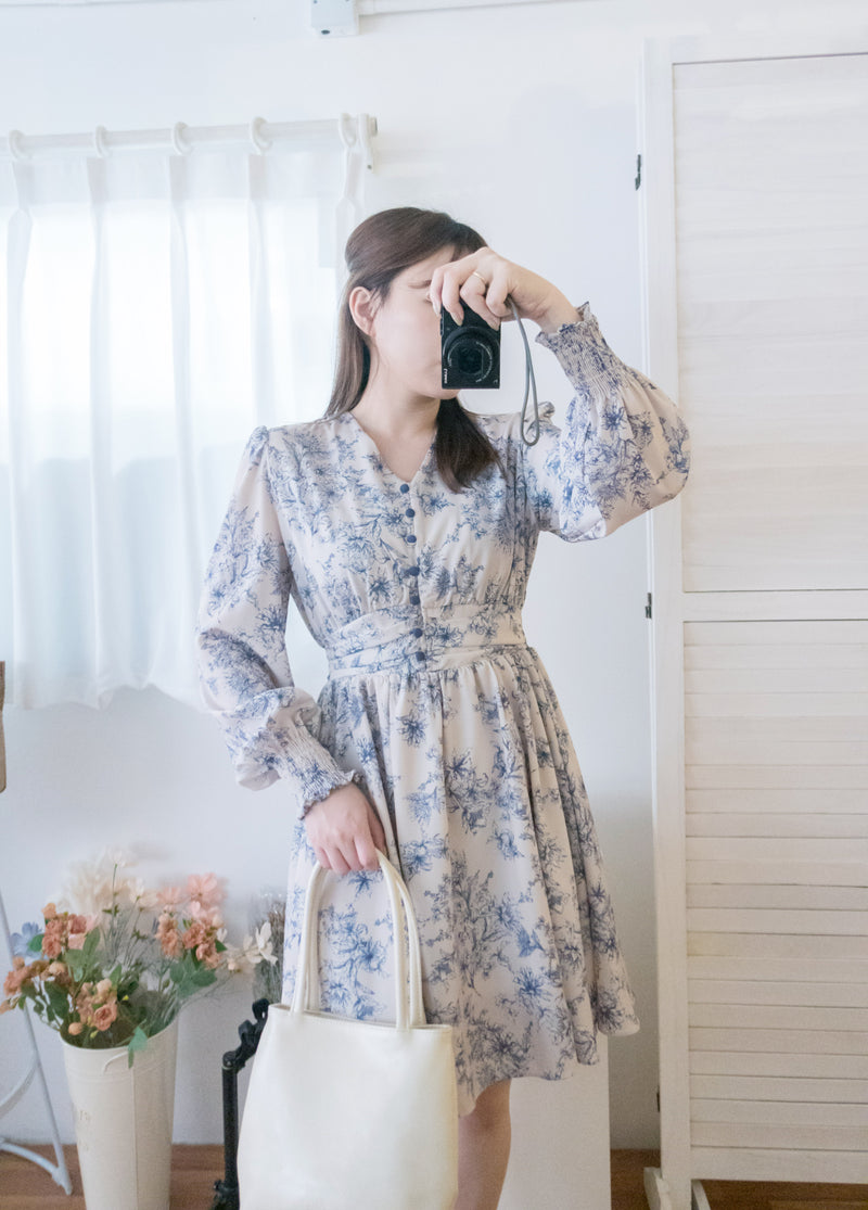 【早秋預訂優惠 -$15】（intent x Korea 獨家款) Porcelain 線條青花瓷顯瘦後橡筋, Dress/ DS9135 （Pre-order/優惠 9月14日完結)