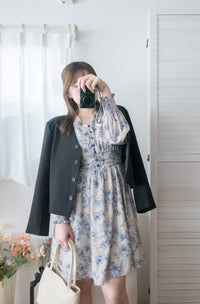 【早秋預訂優惠 -$15】（intent x Korea 獨家款) Porcelain 線條青花瓷顯瘦後橡筋, Dress/ DS9135 （Pre-order/優惠 9月14日完結)