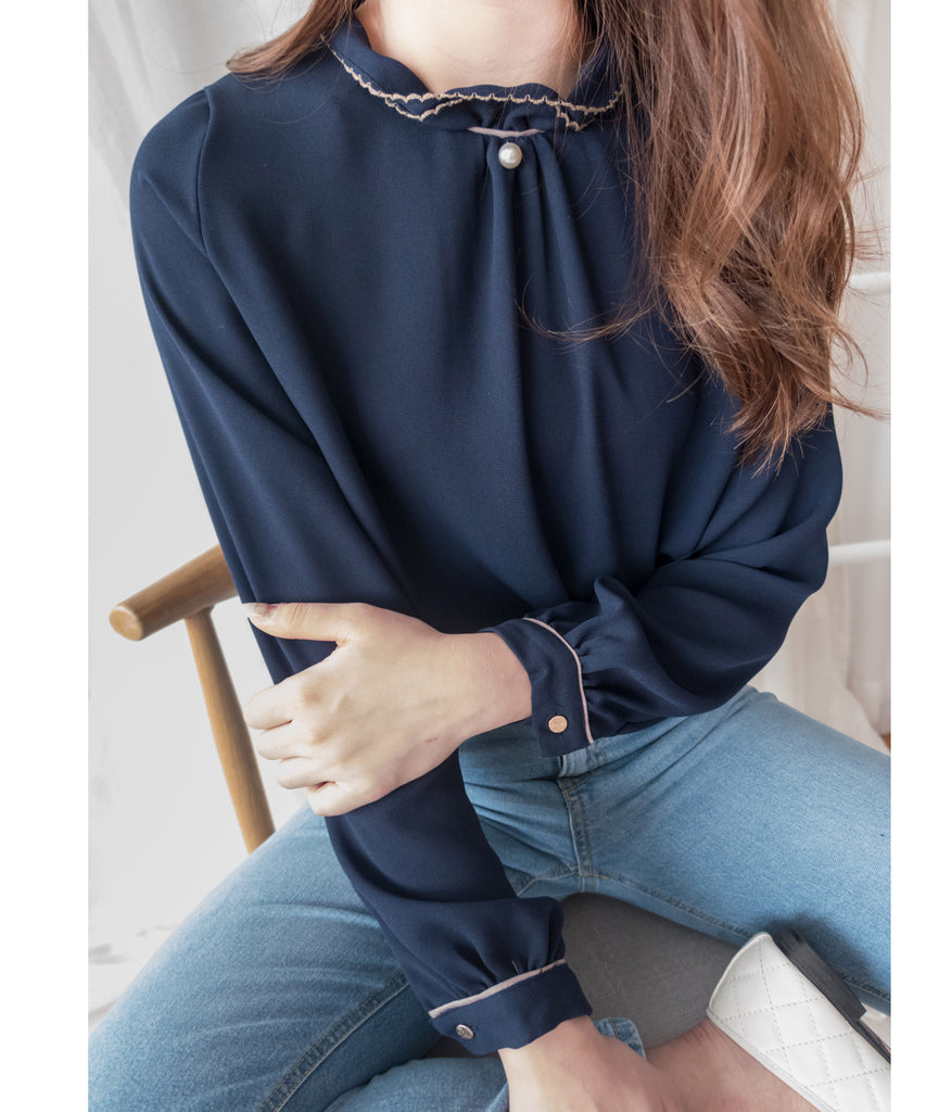 Ruffle Collar 氣質雪紡線條花邊珍珠領口, Blouse/ BU8885 (navy sold out)