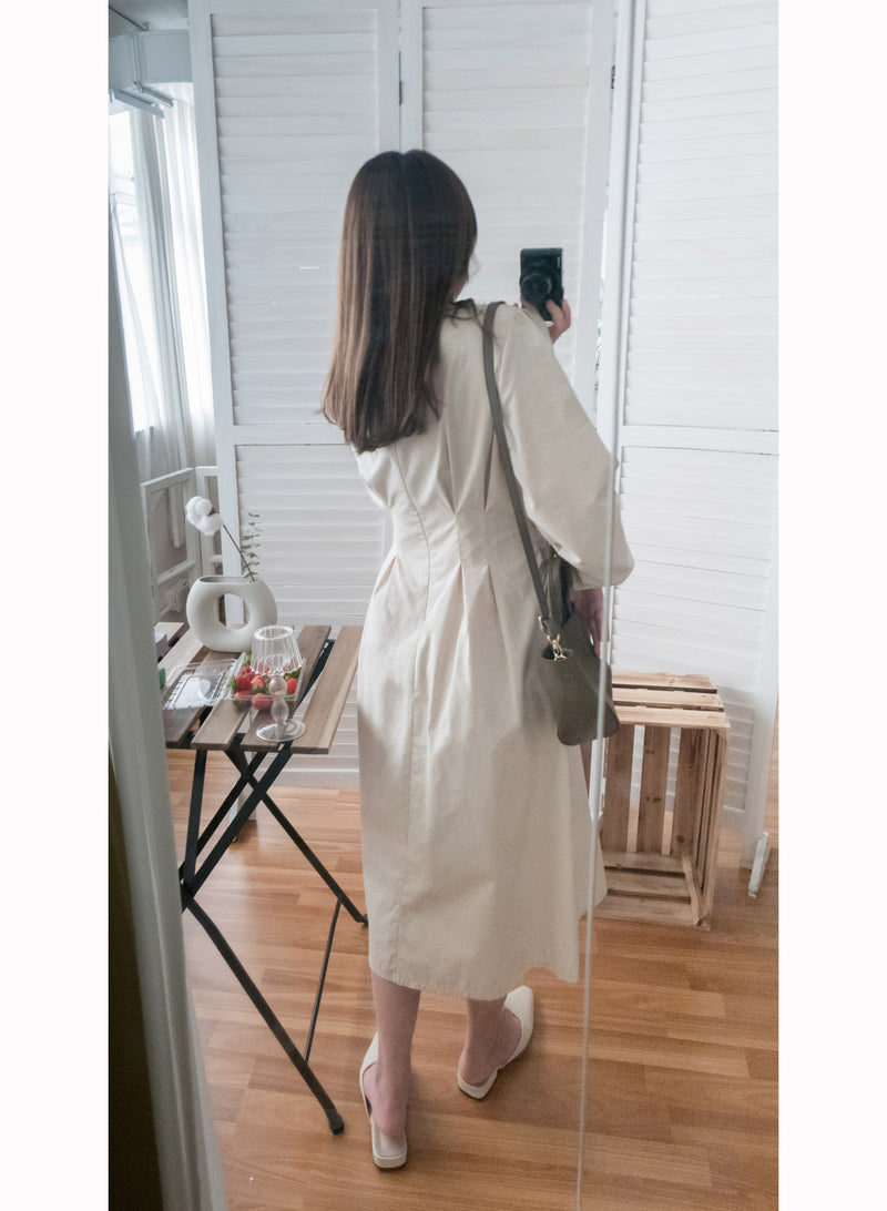 Light Beige 淺杏車褶修腰淑女連身裙, Dress/ DS9166