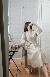 Light Beige 淺杏車褶修腰淑女連身裙, Dress/ DS9166