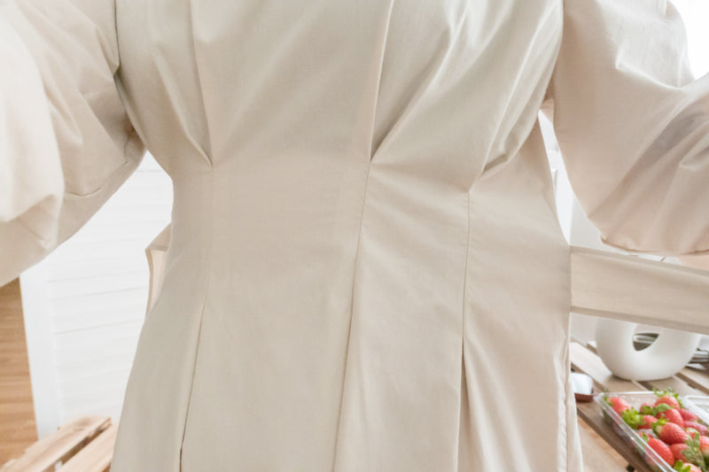 Light Beige 淺杏車褶修腰淑女連身裙, Dress/ DS9166