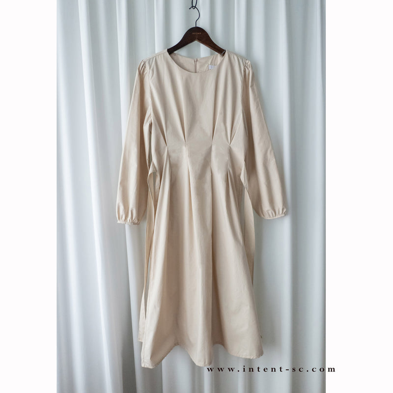 Light Beige 淺杏車褶修腰淑女連身裙, Dress/ DS9166