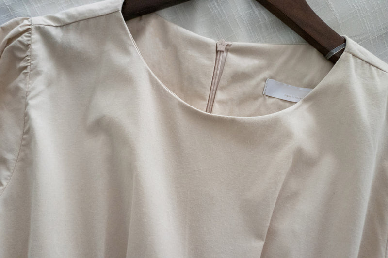 Light Beige 淺杏車褶修腰淑女連身裙, Dress/ DS9166