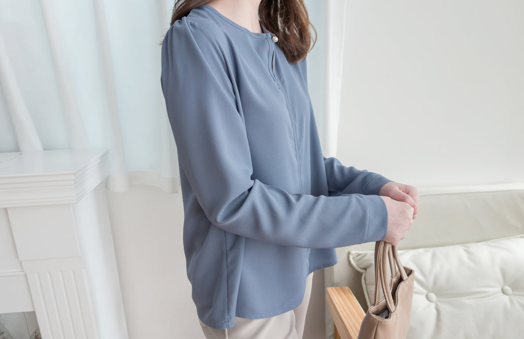 Pearl 合身簡約珍珠鈕扣雪紡, Blouse/ BU8911 （steelblue/white sold out)