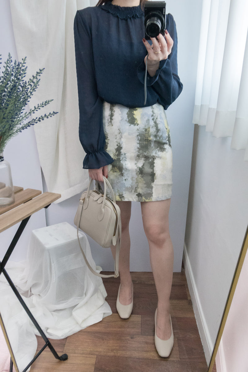 Marble 灰綠色雲石水彩全彈性修身裙, Skirt/ SK8391