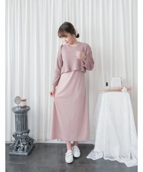 Cherish Knit 粉色短針織背心裙兩件套, SET/ DS9109