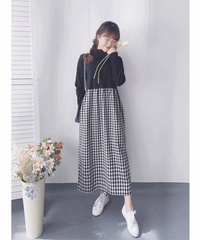 Check One Piece 假兩件高領口袋左右開叉格子裙, Dress/ DS9161