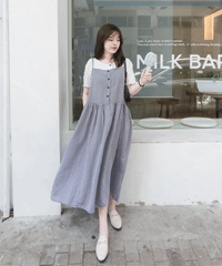 Check 飄逸格子假修腰口袋吊帶裙, Dress/ DS9102