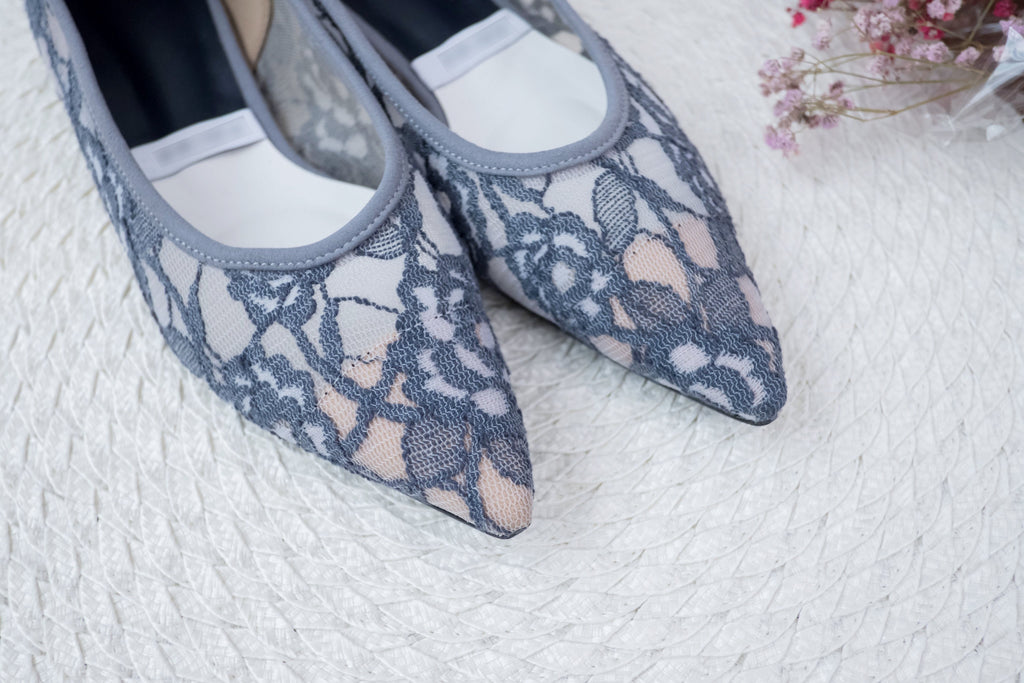 Greyishblue-Lace 內裡透視優雅蕾絲, Pointed shoes/ SH8058